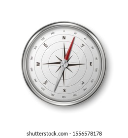 Vector 3d Realistic Metal Steel or Silver Antique Old Vintage Compass with Windrose Icon Closeup Isolated on White Background. Design Template. Travel, Navigation Concept. Stock Vector Illustration