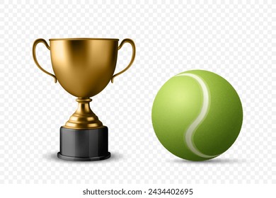 Vector 3d Realistic Metal Yellow Golden Champion Cup and Tennis Ball Set, Isolated. Championship Trophy Design Template for Sports Concept, Front View