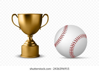 Vector 3d Realista Metal Amarillo Golden Champion Cup y Béisbol Set, Aislado. Plantilla de diseño de trofeos de campeonato para concepto deportivo, vista frontal