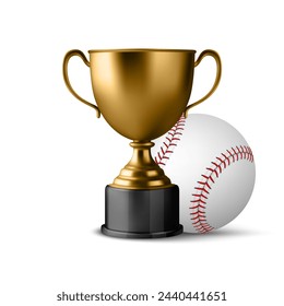 Vector 3d Realistic Metal Yellow Golden Champion Cup und Baseball Set, isoliert. Championship Trophy Design Template für Sportkonzept, Frontansicht