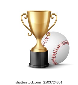 Vector 3d Realistic Metal Yellow Golden Champion Cup and Baseball Set, Isolated. Championship Trophy Design Template for Sports Concept, Front View