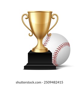 Vector 3d realista de metal amarillo de oro Champion Cup y juego de béisbol, aislado. Plantilla de diseño de trofeos de campeonato para el concepto deportivo, vista frontal