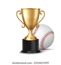 Vector 3d Realistic Metal Yellow Golden Champion Cup and Baseball Set, Isolated. Championship Trophy Design Template for Sports Concept, Front View