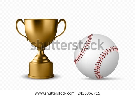 Vector 3d Realistic Metal Yellow Golden Champion Cup and Baseball Set, Isolated. Championship Trophy Design Template for Sports Concept, Front View