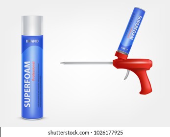 Vector 3d realistic metallic bottle with construction foam, pu-foam, sealing adhesive, tube with silicone building sealant in professional gun isolated on background. Mockup for brand, package design