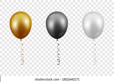 Vector 3d Realistic Metallic Golden, Black, White Balloon with Ribbon Set Closeup Isolated on Transparent Background. Design Template of Translucent Helium Baloons, Mockup, Anniversary, Birthday Party