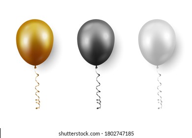 Vector 3d Globo metálico realista de oro, negro, blanco con cinta de opciones de cierre aislado en fondo blanco. Plantilla de diseño de globos de helio translúcidos, recolección, aniversario, fiesta de cumpleaños