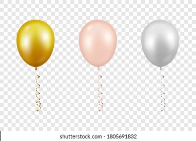Vector 3d Realistic Metallic Golden, Pink, White Balloon with Ribbon Set Closeup Isolated on Transparent Background. Design Template of Translucent Helium Baloons, Mockup, Anniversary, Birthday Party