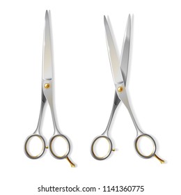 Vector 3d realistic metallic scissors with copper screw for hairdresser. Shining steel of blades, sharp professional tool, domestic equipment for work, barbershop