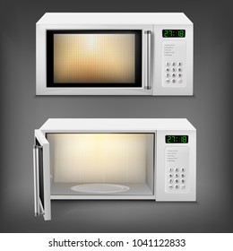 Vector 3d realistic microwave oven with light inside, with open and close door, front view isolated on background. Household appliance to heat and defrost food, for cooking, with timer and buttons