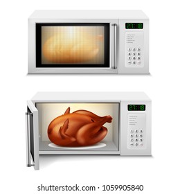 Vector 3d realistic microwave oven with roasted turkey or chicken inside, with open and close door, front view isolated on background. Household appliance for cooking, heating and defrosting food