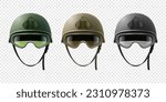Vector 3d Realistic Military Helmet Icon Set with Protect Glasses, Closeup Isolated. Helmet, Army Symbol of Defense and Protect. Soldier Helmet Design Template