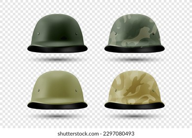 Vector 3d Realistic Military Helmet Icon Set Closeup Isolated. Green, Camouflage Pattern. Army Symbol of Defense and Protect.