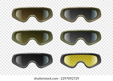 Vector 3d Realistic Military, Industrial Safety Glasses Icon Set Closeup Isolated. Transparent Glasses, Safety Glasses - Sports, Military, Uniform. Front View.