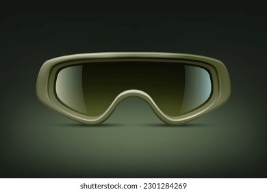 Vector 3d Realistic Military, Industrial Safety Glasses Icon Closeup Isolated on Green Background. Transparent Glasses, Safety Glasses - Sports, Military, Uniform. Front View