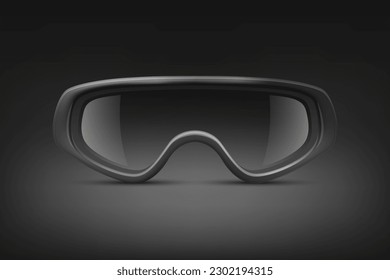 Vector 3d Realistic Military, Industrial Black Safety Glasses Icon Closeup Isolated on Black Background. Transparent Glasses, Safety Glasses - Sports, Military, Uniform. Front View