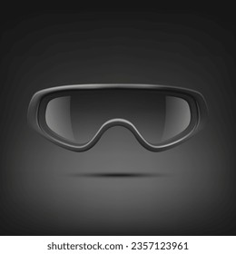 Vector 3d Realistic Military, Industrial Black Safety Glasses Icon Closeup Isolated on Black Background. Transparent Glasses, Safety Glasses - Sports, Military, Uniform. Front View