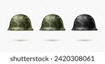Vector 3d Realistic Military Protective Helmet Set Closeup Isolated. Helmet, Army Symbol of Defense and Protection. Soldier Helmet Design Template for Military, Defense and Safety Concept