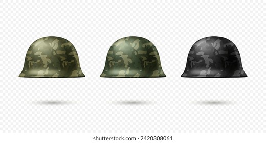 Vector 3d Realistic Military Protective Helmet Set Closeup Isolated. Helmet, Army Symbol of Defense and Protection. Soldier Helmet Design Template for Military, Defense and Safety Concept