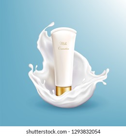 Vector 3d realistic milk cosmetic in white splashing isolated on blue background. Moisturizing liquid, shampoo. Cosmetics in drops of creamy liquid. The object for ad poster, promo banner.