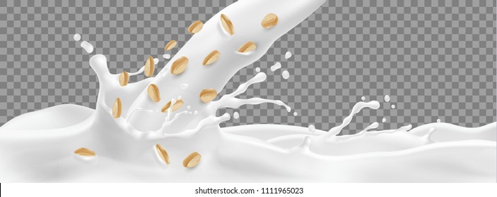 Vector 3d realistic milk with splashing drops and rolled oat grains isolated on transparent background. Mock up of farm product for package, advertising poster, promo banner of natural drink, food.