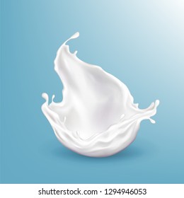 Vector 3d realistic milk splashing, bright beverage isolated on blue background. Healthy food, dairy product. Fresh drops of creamy liquid. The object for ad poster, promo banner of yogurt.