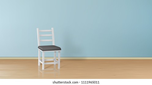 Vector 3d realistic mock up with white wooden chair isolated on blue wall. Modern furniture with black pillow on parquet, background for design. Decorative template.