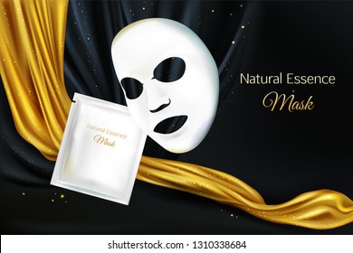 Vector 3d realistic mock up of white sheet facial cosmetic mask for women, lux concept with black background and golden fabric, cloth. Skincare product for face. Background with moisturizing cosmetics