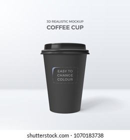 Vector 3d realistic mockup of black paper coffee cup. Template for design of packing of drink. Easy to change colour. Isolated from the background.