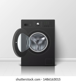 Vector 3d Realistic Modern Black Steel Opened Washing Machine Closeup. Design Template of Wacher. Front View, Laundry Concept