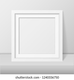 Vector 3d Realistic Modern Interior White Blank Vertical Square Wooden Poster Picture Frame on Table, Shelf Closeup on White Wall, Mock-up. Empty Poster Frame Design Template for Mockup, Presentation