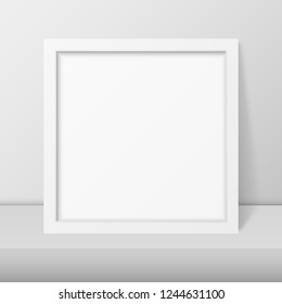 Vector 3d Realistic Modern Interior White Blank Vertical Square Wooden Poster Picture Frame on Table, Shelf Closeup on White Wall, Mock-up. Empty Poster Frame Design Template for Mockup, Presentation