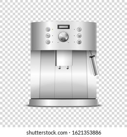 Vector 3d Realistic Modern Metal Chrome Steel Silver Espresso Coffee Machine Icon Closeup Isolated on Transparent Background. Design Template of Coffee Maker, Mockup. Front View