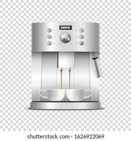 Vector 3d Realistic Modern Metal Chrome Steel Silver Espresso Coffee Machine with Two White Coffee Mugs Closeup Isolated on Transparent Background. Design Template of Coffee Maker, Mockup. Front View