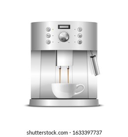 Vector 3d Realistic Modern Metal Chrome Steel Silver Espresso Coffee Machine with White Coffee Mug Closeup Isolated on Transparent Background. Design Template of Coffee Maker, Mockup. Front View