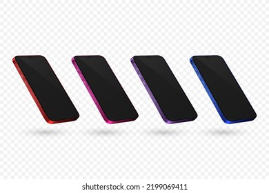 Vector 3d Realistic Modern Smartphone Design Template with Black Screen. Mobile Phone Set Isolated. Telephone Device UI UX, Phone in Half Turn View