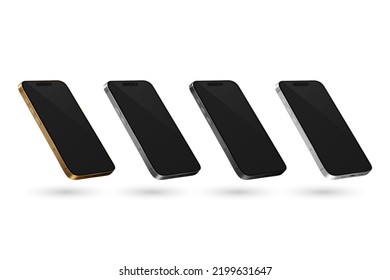 Plantilla de diseño de Smartphone moderno con pantalla negra vectorial 3d realista. Equipo de teléfono móvil aislado. Interfaz de usuario de dispositivo de teléfono UX, vista de teléfono en mitad de turno