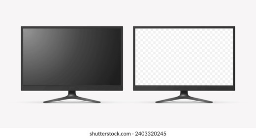 Pantalla de televisión moderna y realista Vector 3d. Panel Lcd Minimalista Y Elegante, Marco Led TV. Diseño de pantalla de monitor de computadora grande para la recolección de imágenes. Plantilla de televisión en blanco. Catálogo, Concepto de sitio Web. Vista frontal