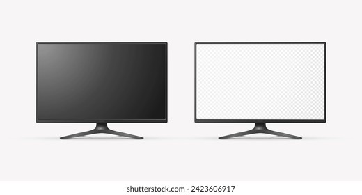 Pantalla de televisión moderna y realista Vector 3d. Panel Lcd Minimalista Y Elegante, Marco Led TV. Diseño de pantalla de monitor de computadora grande para la recolección de imágenes. Plantilla de televisión en blanco. Catálogo, Concepto de sitio Web. Vista frontal