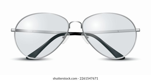 Vector 3d Realistic Modern Unisex Frame Glasses. Gray Silver Metal Color Frame. Transparent Sunglasses for Women and Men, Accessory. Optics, Lens, Vintage, Trendy Glasses. Front View