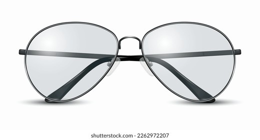 Vector 3d Gafas de Marco Unisex Realistas. Marco de color negro. Gafas de sol transparentes para mujeres y hombres, accesorio. Óptica, lente, vintage, lentes de moda. Vista frontal