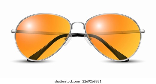 Vector 3d Gafas de Marco Unisex Realistas. Marco de color gris plateado. Gafas de sol transparentes de color naranja para mujeres y hombres, accesorio. Óptica, lente, vintage, lentes de moda. Vista frontal