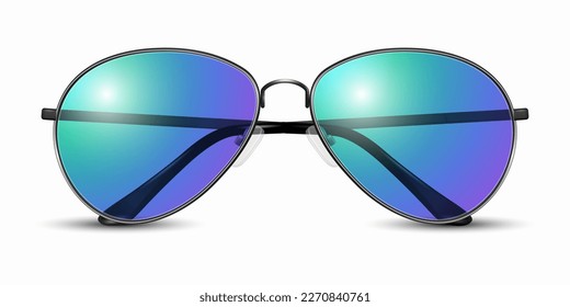 Vector 3d Realistic Modern Unisex Frame Glasses. Black Color Frame. Purple and Blue Transparent Sunglasses for Women and Men, Accessory. Optics, Lens, Vintage, Trendy Glasses. Front View