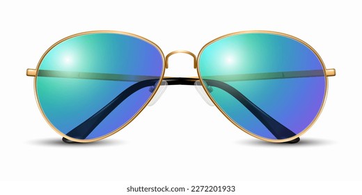 Vector 3d Realistic Modern Unisex Frame Glasses. Golden Color Frame. Purple and Blue Transparent Sunglasses for Women and Men, Accessory. Optics, Lens, Vintage, Trendy Glasses. Front View