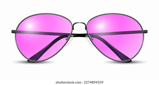 Vector 3d Gafas de Marco Unisex Realistas. Marco de color negro. Gafas de sol transparentes rosadas para mujeres y hombres, accesorio. Óptica, lente, vintage, lentes de moda. Vista frontal