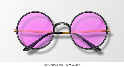 Vector 3d Gafas de Marco Unisex Realistas. Marco de color negro. Gafas de sol transparentes rosadas para mujeres y hombres, accesorio. Óptica, lente, vintage, lentes de moda. Vista frontal