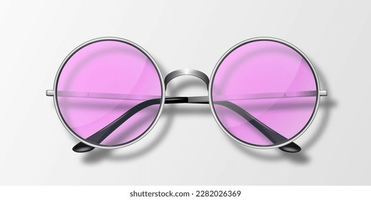 Vector 3d Realistic Modern Unisex Frame Glasses. Silver Color Frame. Pink Transparent Sunglasses for Women and Men, Accessory. Optics, Lens, Vintage, Trendy Glasses. Front View