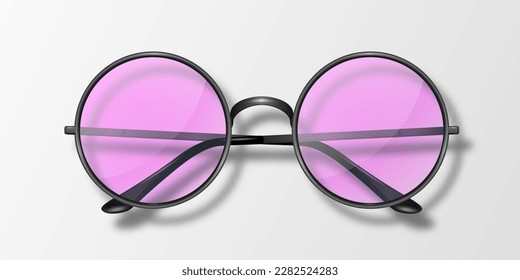 Vector 3d Realistic Modern Unisex Frame Glasses. Black Color Frame. Pink Transparent Sunglasses for Women and Men, Accessory. Optics, Lens, Vintage, Trendy Glasses. Front View