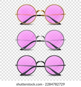 Vector 3d Realistic Modern Unisex Frame Glasses. Golden, Silver, Black Color Frame. Pink Transparent Sunglasses for Women and Men, Accessory. Optics, Lens, Vintage, Trendy Glasses. Front View