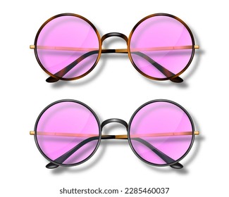 Vector 3d Realistic Modern Unisex Frame Glasses with Pink Glass. Leopard, Black Color Frame. Pink Transparent Sunglasses for Women and Men, Accessory. Optics, Lens, Vintage, Trendy Glasses. Front View